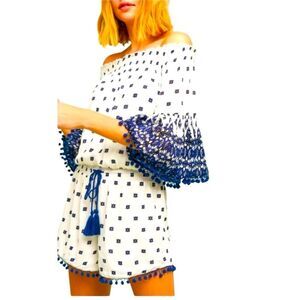 Anthropologie Gaivota Pommed Romper Blue White Size Small Raga